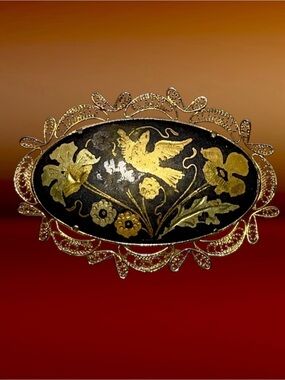 Damascene Bird and Floral Gold Tone Filigree Black Niello Trombone Clasp Brooch